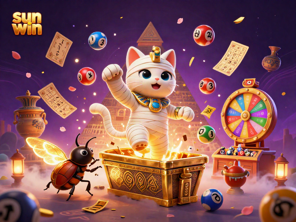 Experience excitement at Sun Win with a vibrant scene of an Egyptian mummy cat and games galore.