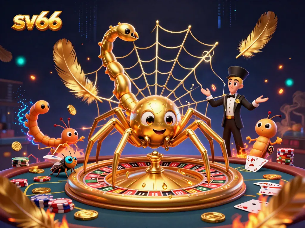 Engage with sv66 betting strategies featuring a golden spider and croupier at a poker table.
