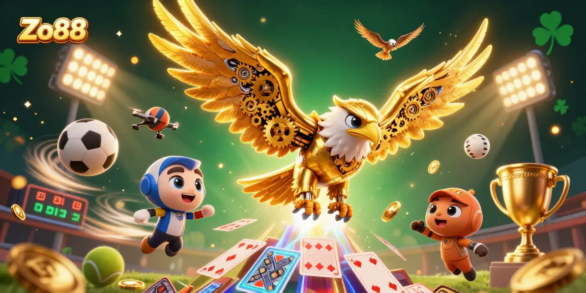 Engage with Zo88's vibrant 3D casino world featuring a golden eagle and dynamic sports elements.