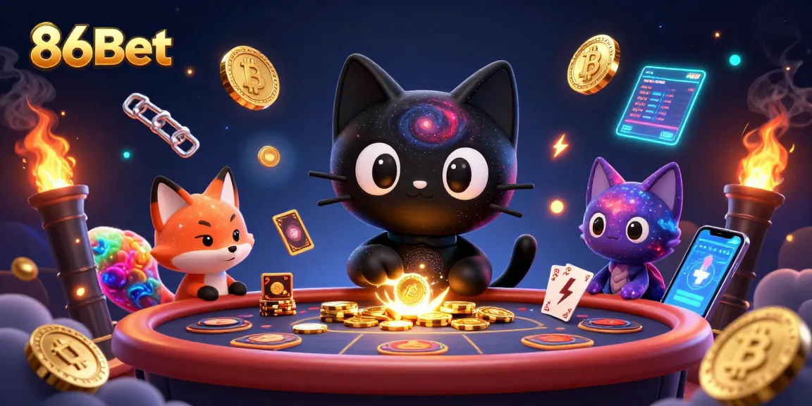 Engage in vibrant casino action with 86Bet, featuring colorful cosmic characters and cryptocurrency elements.
