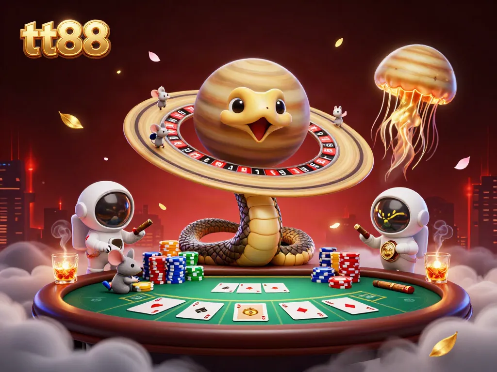 Experience thrilling action at tt88 with a vibrant cosmic dealer and eager bettors in 3D style.