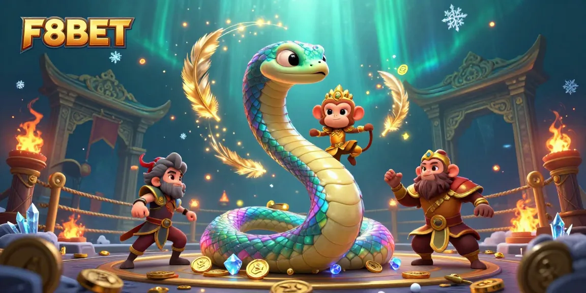 Engage with the vibrant F8BET casino world featuring a rainbow serpent and playful monkey king in a magical setting.