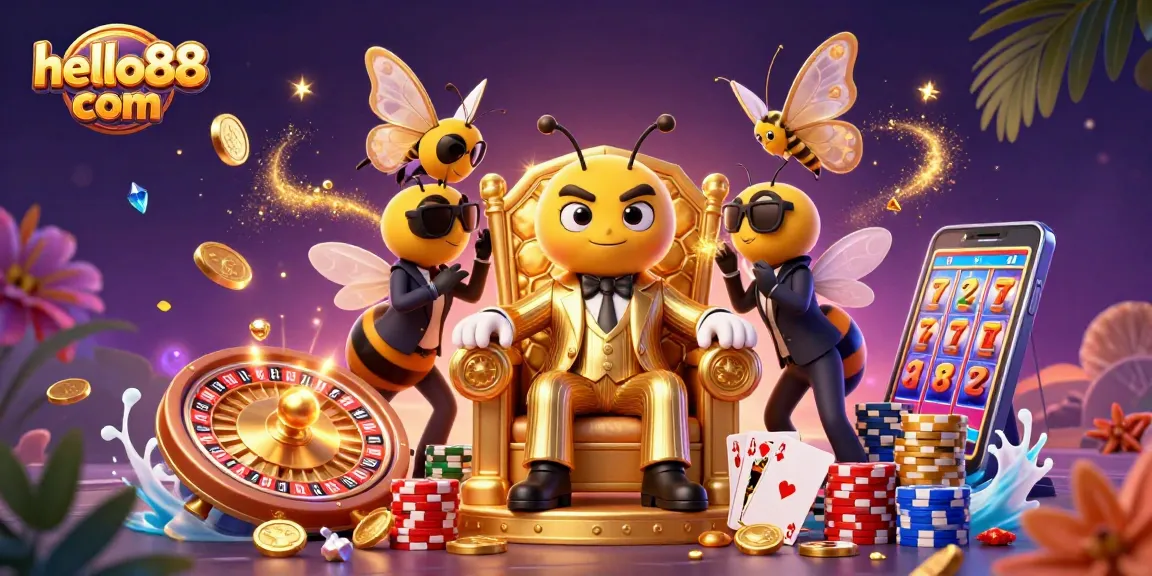 Experience epic wins at hello88 com with this vibrant 3D illustration showcasing a buzzing casino scene.