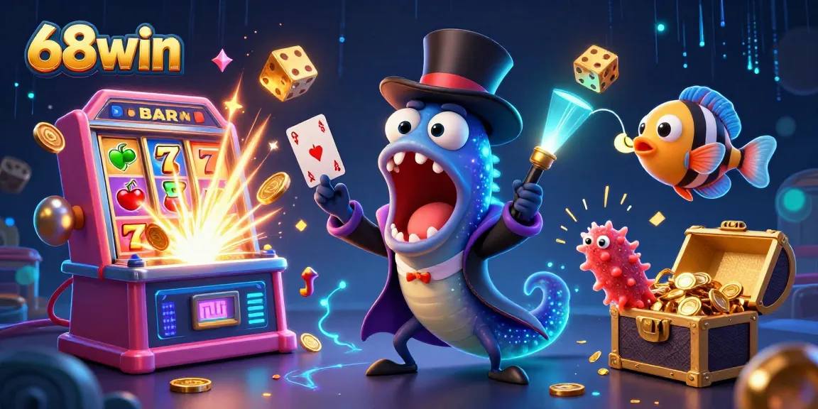 Engage with thrilling games at 68win, featuring imaginative characters in a lively casino scene.