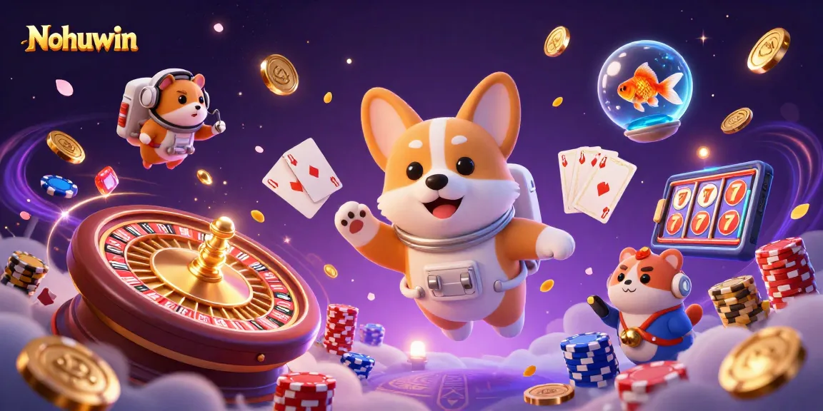 Nohuwin offers an engaging casino experience with a cartoon astronaut corgi in a vibrant space station.