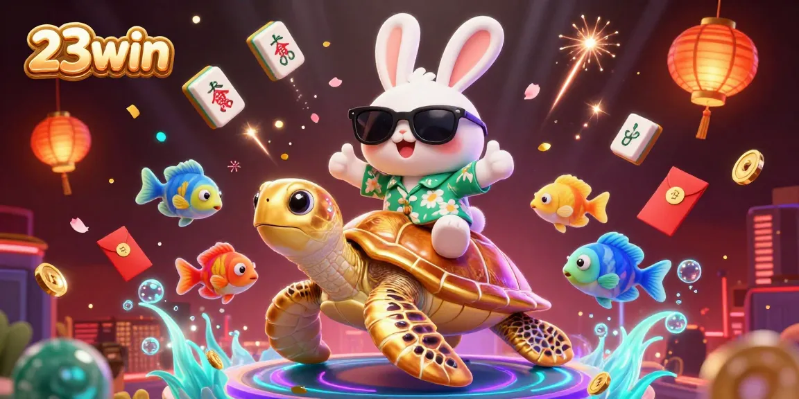 Experience vibrant 23win casino imagery with lucky rabbit and golden turtle in a lively scene.