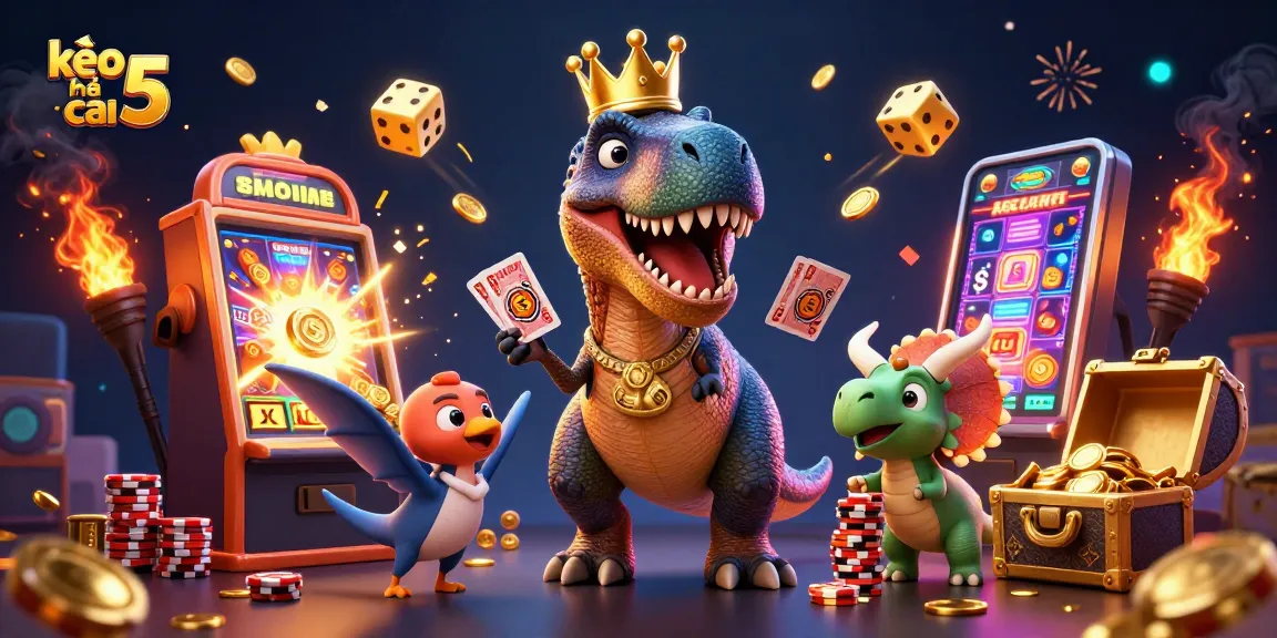Engage with kèo nhà cái 5 while enjoying a vibrant casino scene featuring a cartoon dinosaur theme.