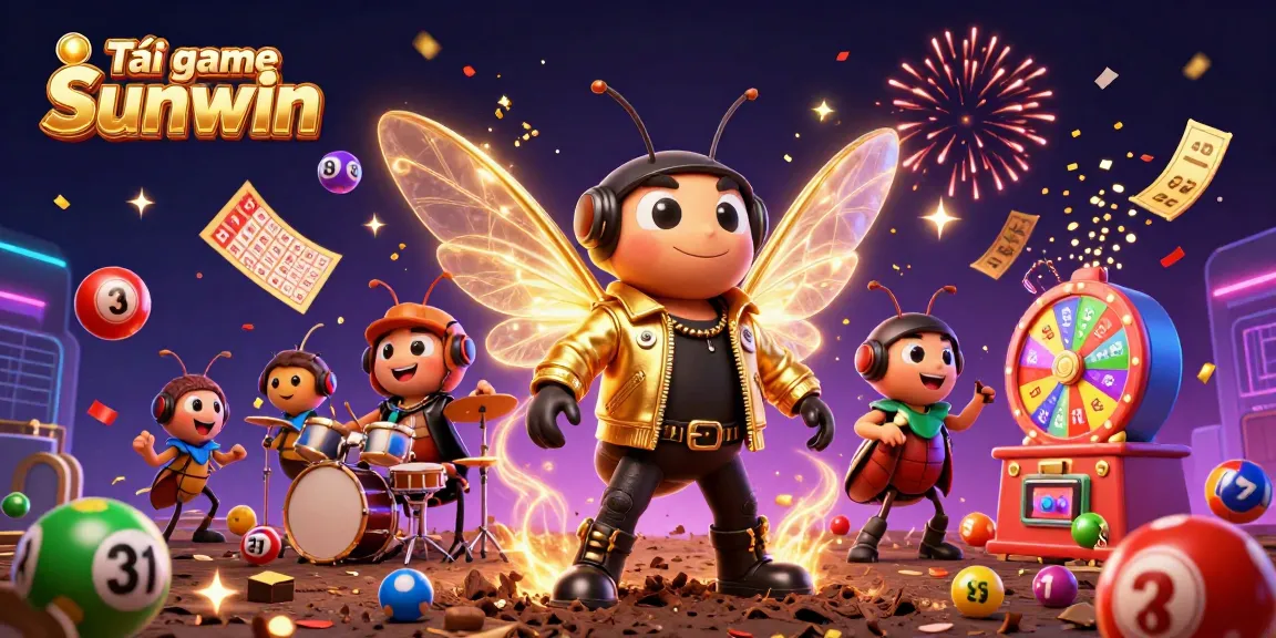 Tải game Sunwin with dynamic lottery elements, colorful balls, and 3D casino characters in vibrant celebration.