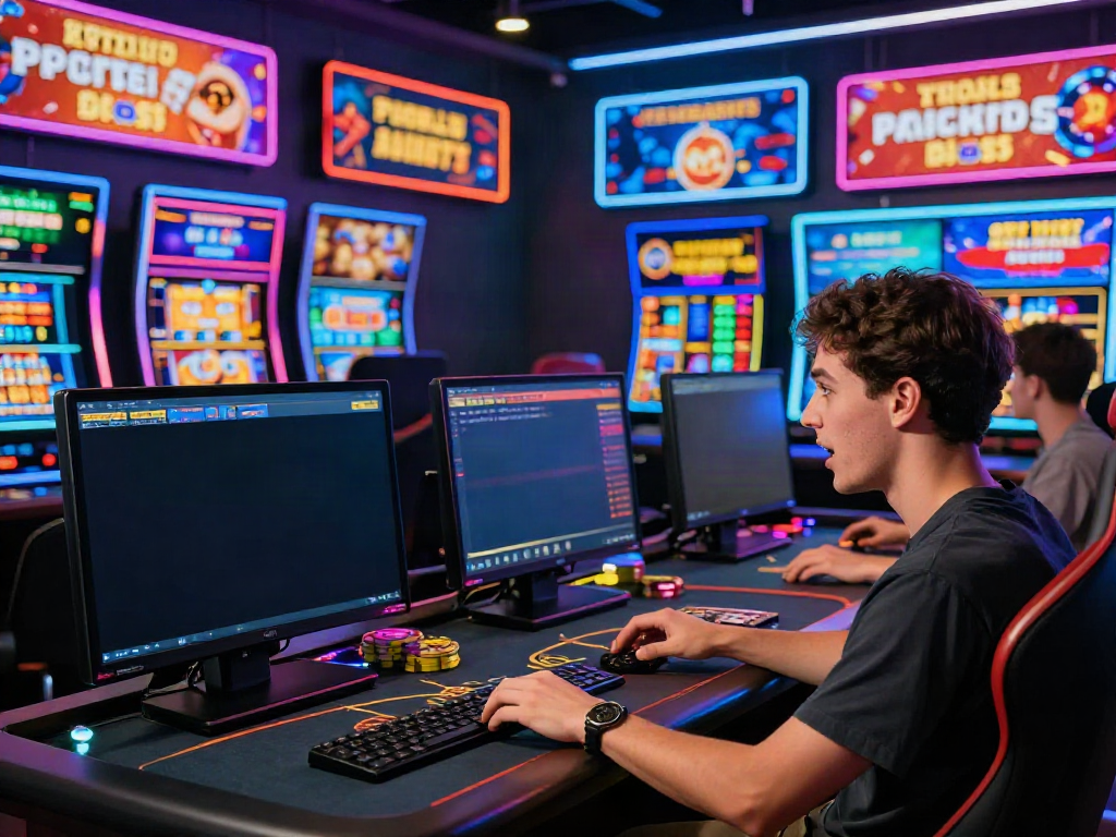 Engaged player exploring 8kbet's vibrant online casino, surrounded by gaming options and promotions.