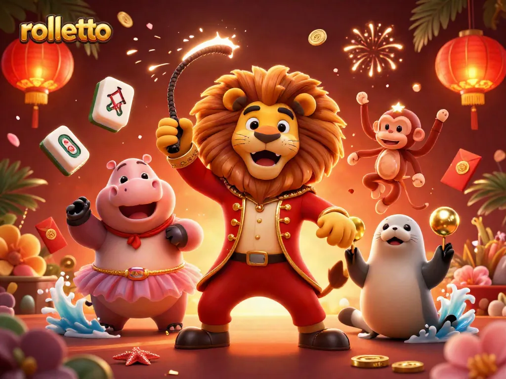 Engage with rolletto's vibrant circus-themed online casino, showcasing dynamic characters and rich gambling elements.