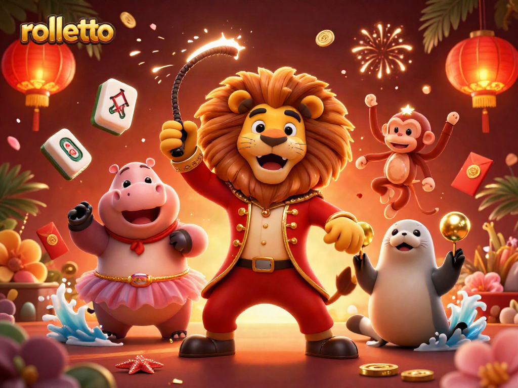 Engage with rolletto's vibrant circus-themed online casino, showcasing dynamic characters and rich gambling elements.