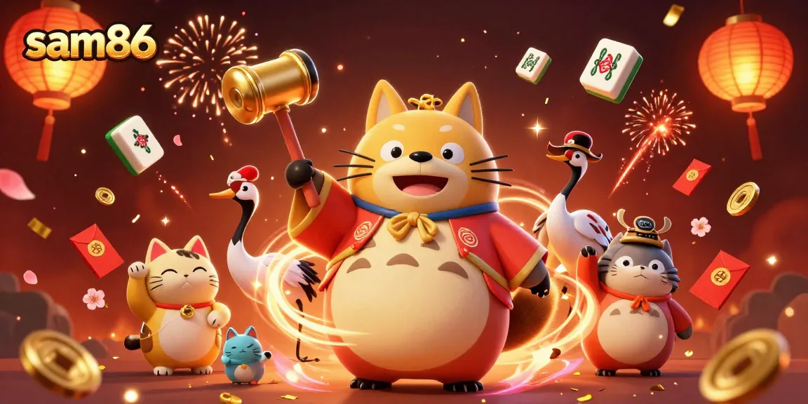 Experience excitement at sam86 with a cheerful tanuki and festive symbols of good fortune.