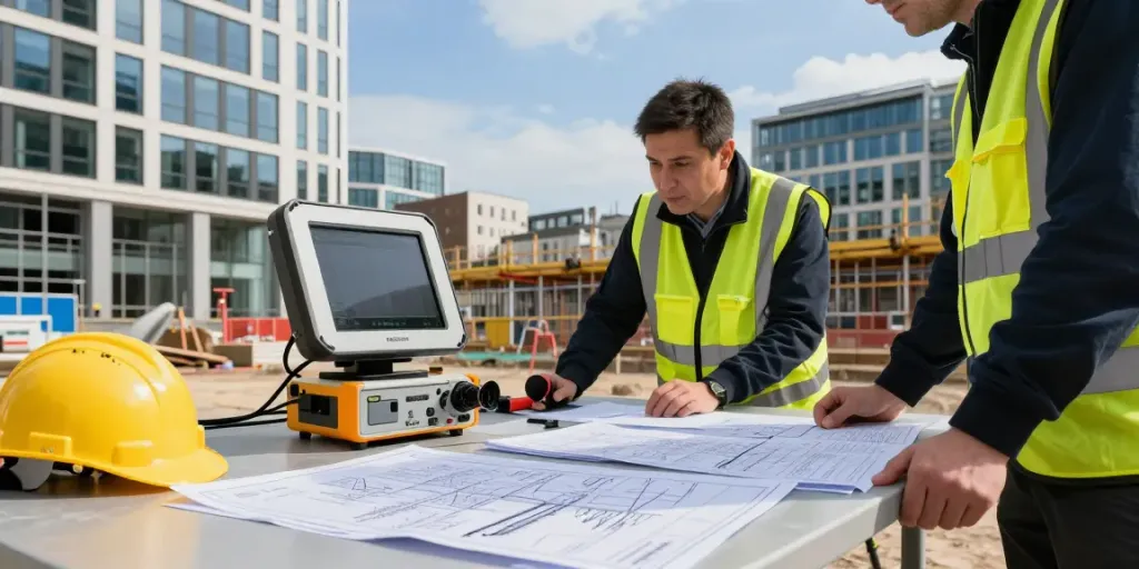 GPR Utility Survey London, surveyor using ground penetrating radar in urban construction site.