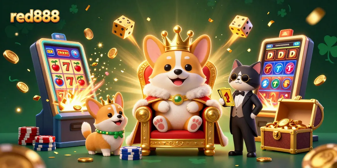 Experience the thrill at red888 with vibrant slot machines and noble corgis in a festive casino scene.