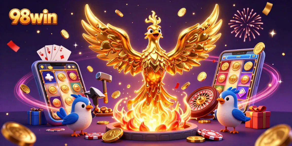 Experience 98win's thrilling 3D casino world with rich symbols of luck and fortune