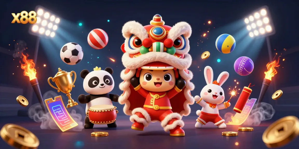 Experience the excitement of x88 with a vibrant casino-themed illustration featuring animated characters and dynamic game elements.