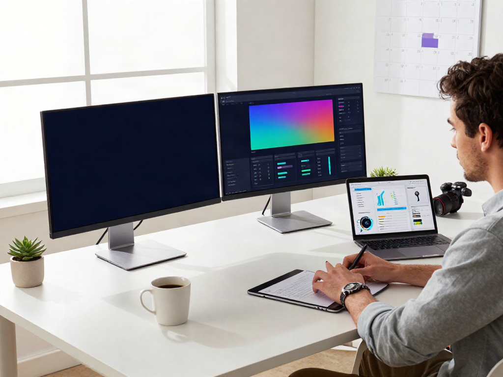 Content creator analyzing instant indexing metrics in a modern tech workspace.