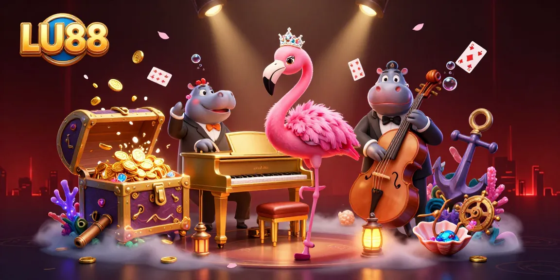 Experience the lively LU88 casino with a flamingo singer and hippo bassist amidst floating playing cards and treasure.