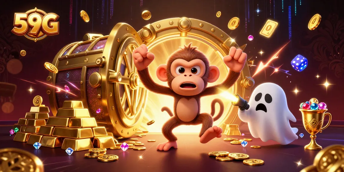 Experience the magic of 59G with a playful poltergeist monkey juggling casino treasures in a haunted atmosphere.
