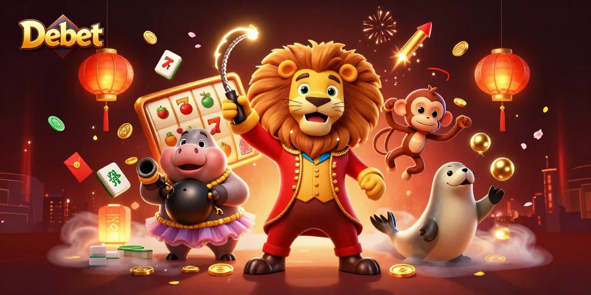 Engage with Debet: a vibrant, rich scene of casino thrill featuring a lion ringmaster, hippo, monkey, and seal.