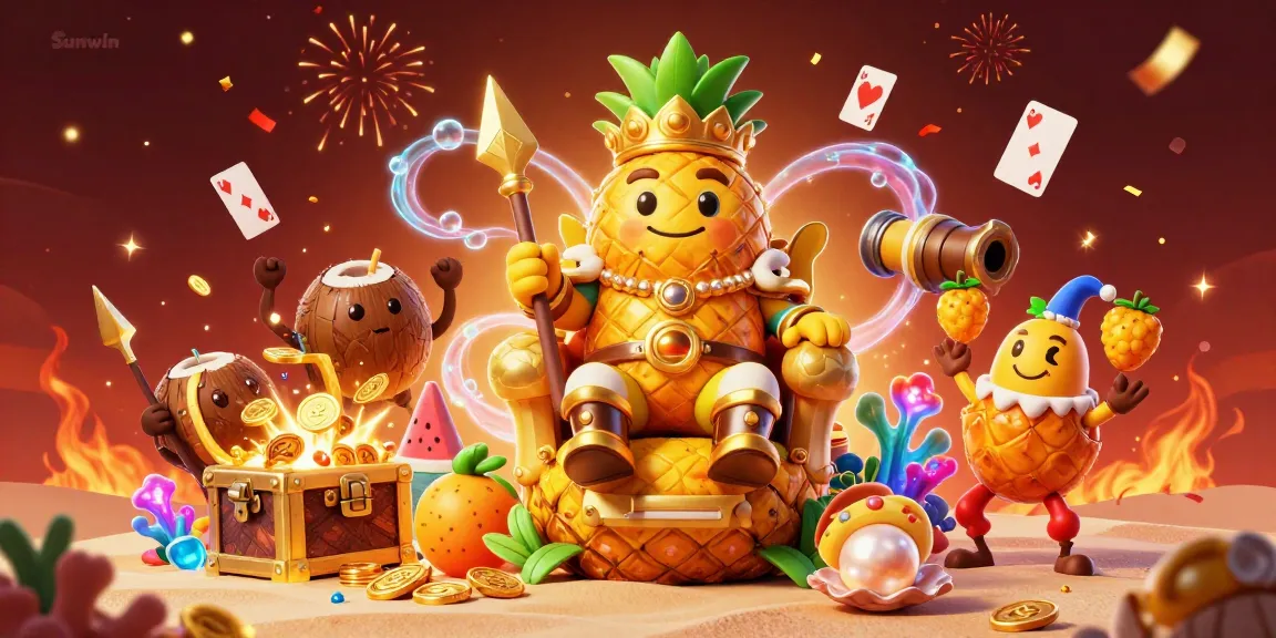 Experience the vibrant excitement of Sunwin's beach casino with golden treasures and lively characters.