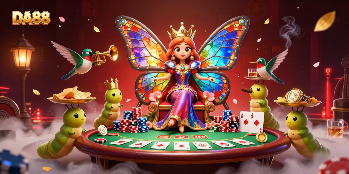 Engage with DA88 in a vibrant gaming scene featuring a butterfly queen among colorful poker elements.
