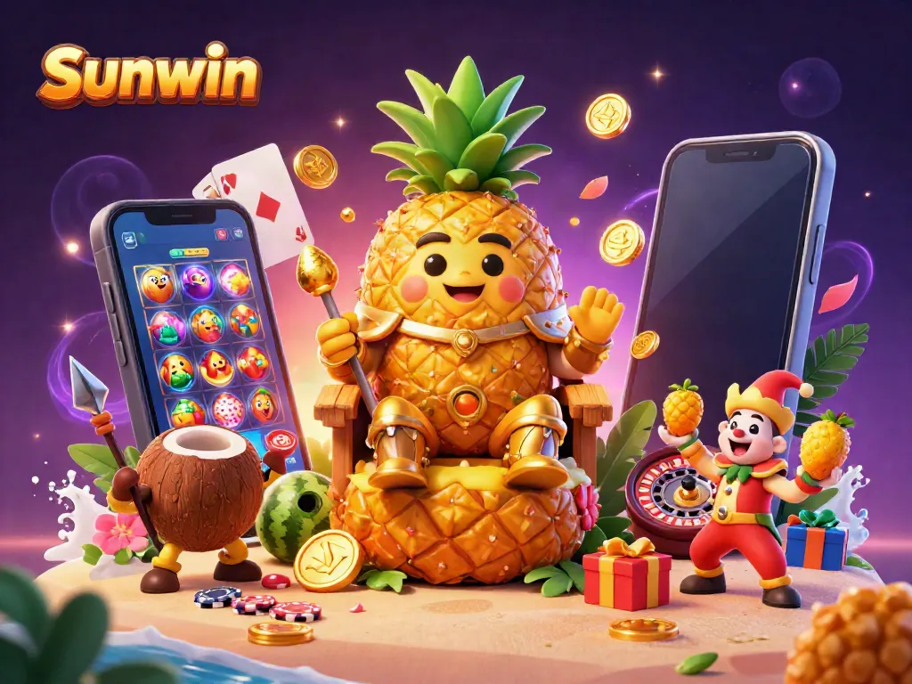 Engage with Sunwin's exciting 3D casino scene featuring a golden pineapple king, juggler, and vibrant game elements.