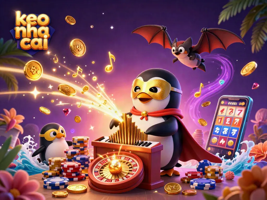 Experience vibrant keo nha cai gaming action with a whimsical scene of a penguin playing the organ amid golden coins and magical elements.