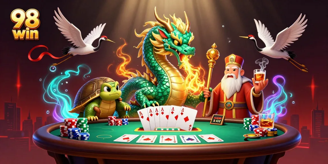 Experience the excitement of 98 win casino games with vibrant characters and detailed poker elements.