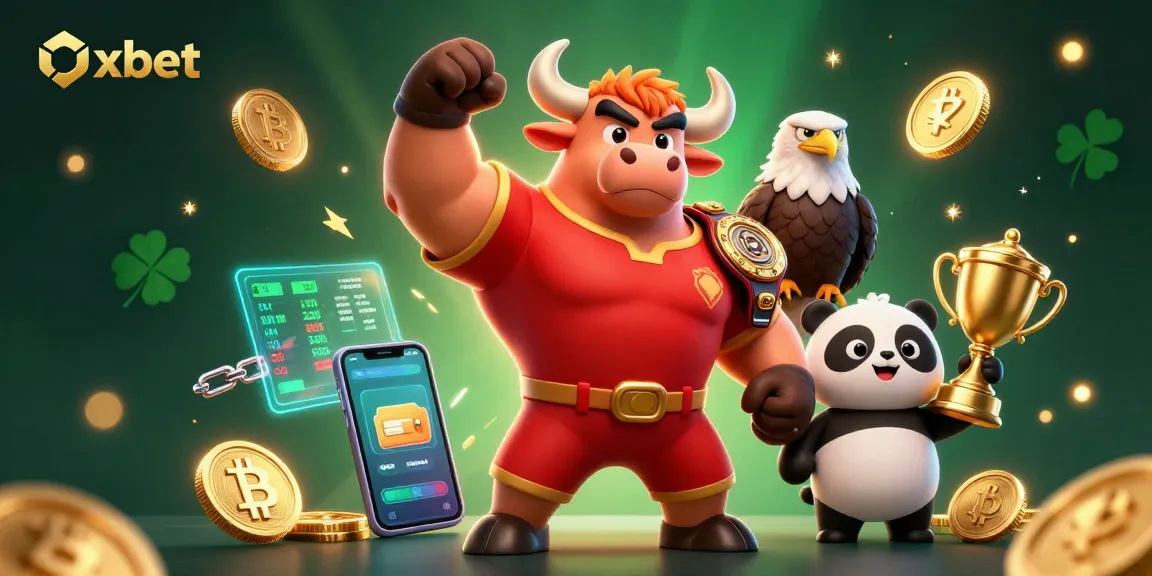 Engage with Oxbet's thrilling casino experience featuring a bull mascot, eagle, and panda amidst cryptocurrency elements.