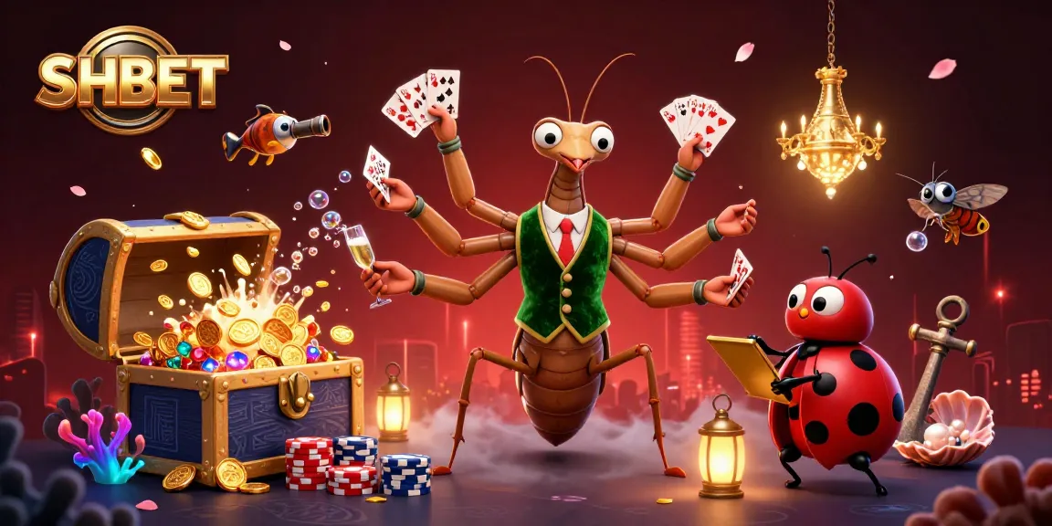 Experience thrilling SHBET gaming with a vibrant illustration of 3D characters and casino elements.