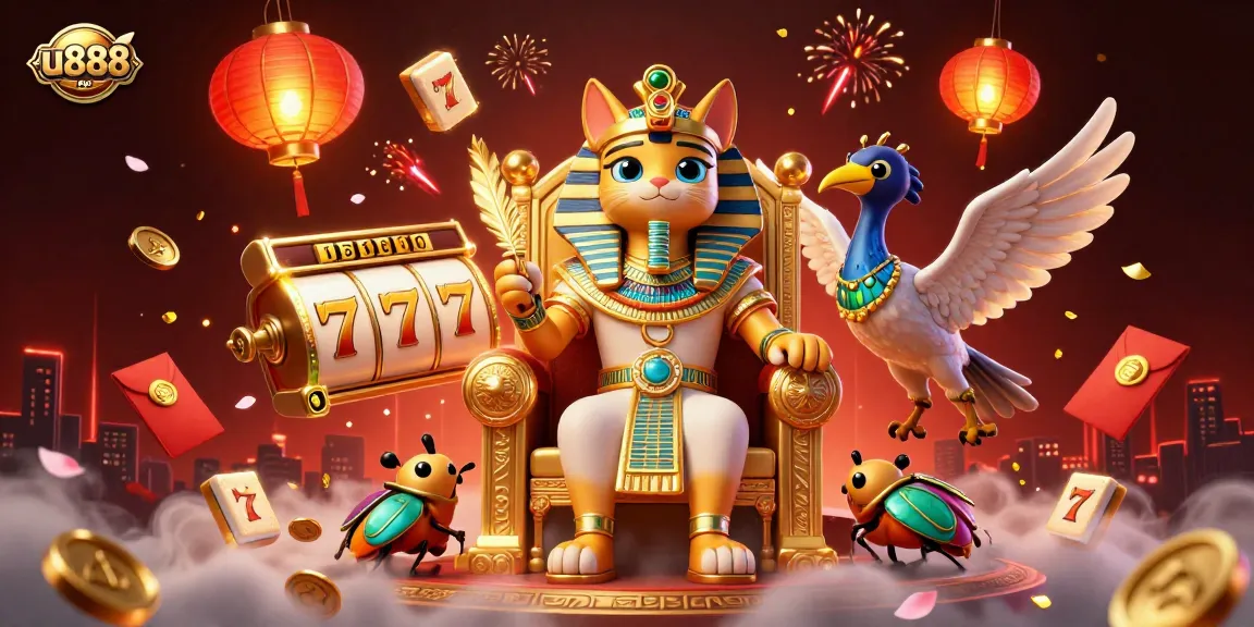 u888 offers vibrant casino excitement with Egyptian themed characters amidst slot reels and festive decorations.