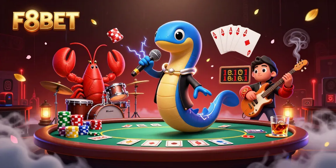 F8BET electric eel DJ performance in an underwater casino filled with poker elements and vibrant atmosphere.