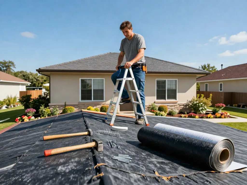 Roofer inspecting a felt roof with tools in a sunny residential setting