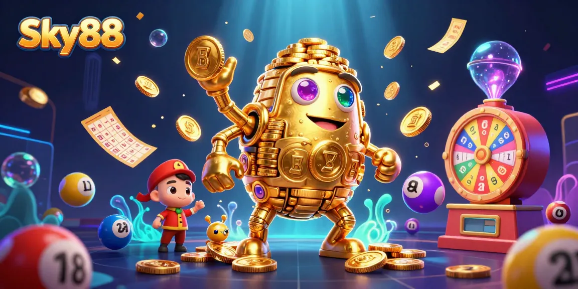 Engage in thrilling gaming at Sky88 with vibrant lottery elements and a mystical golden golem.