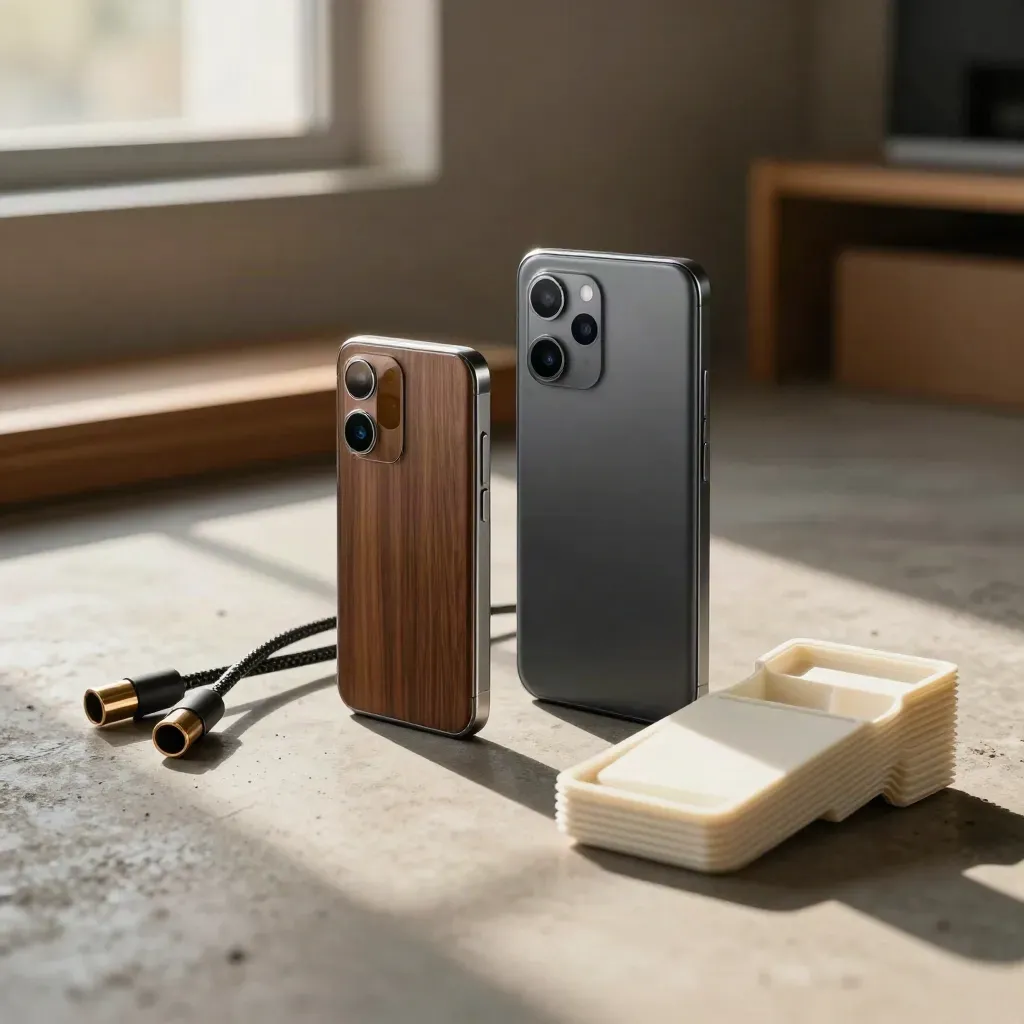 Prototype handset shell with 3D-printed casing pieces and cable ends on a warm studio floor.