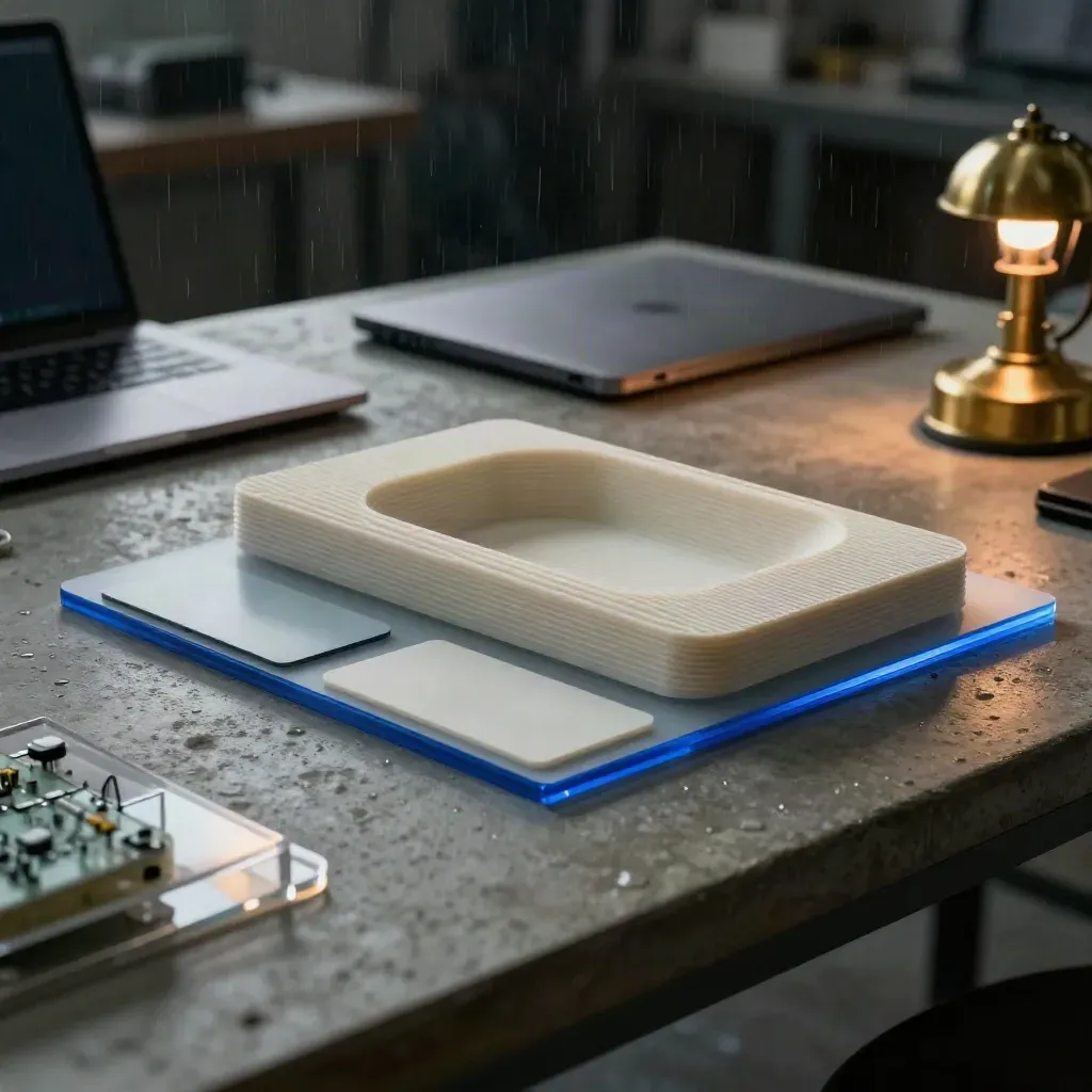 Dark innovation studio with prototype shell, acrylic layers, laptop and brass lamp in moody rain haze.