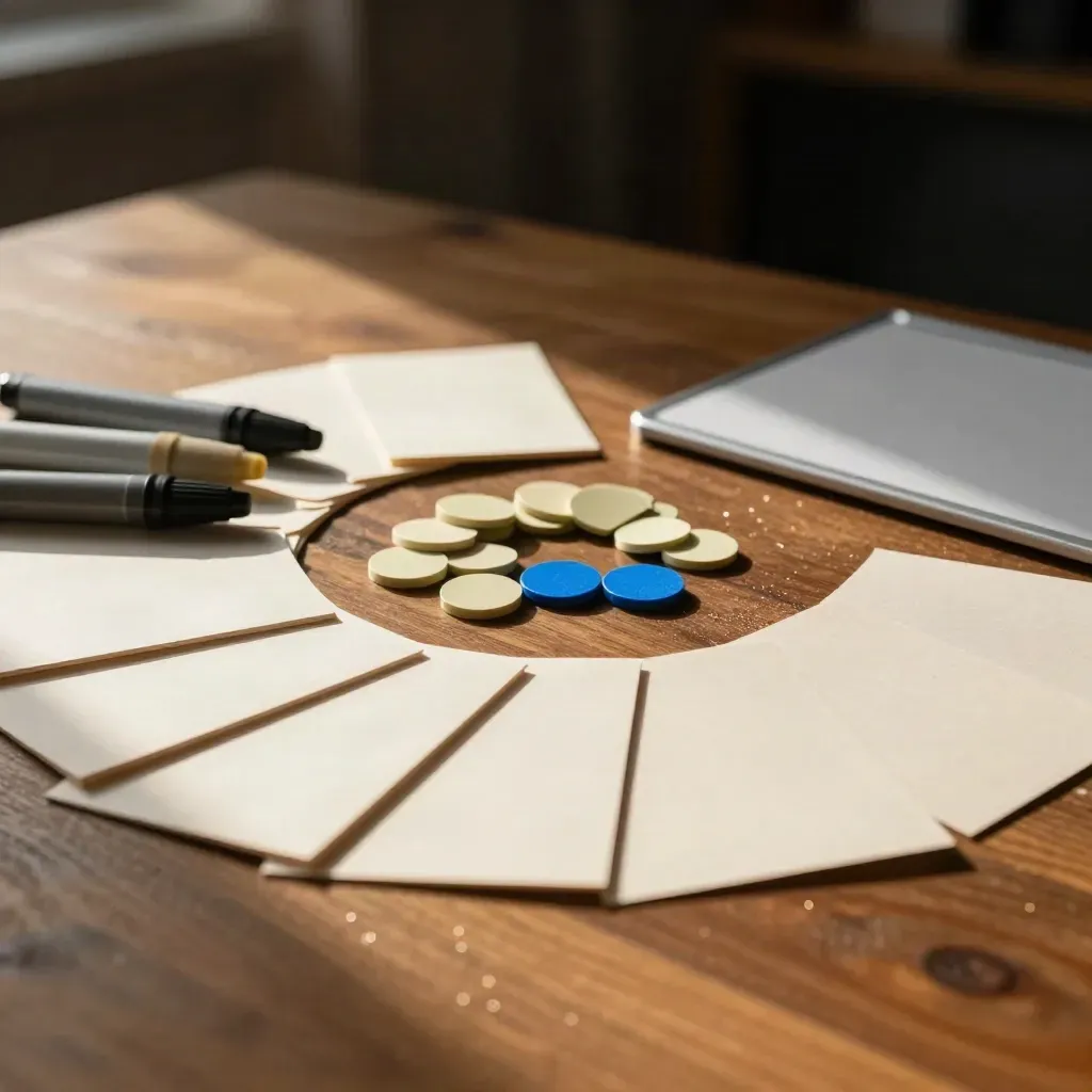 Blank prototype cards and tokens frozen mid-reset on a workshop table