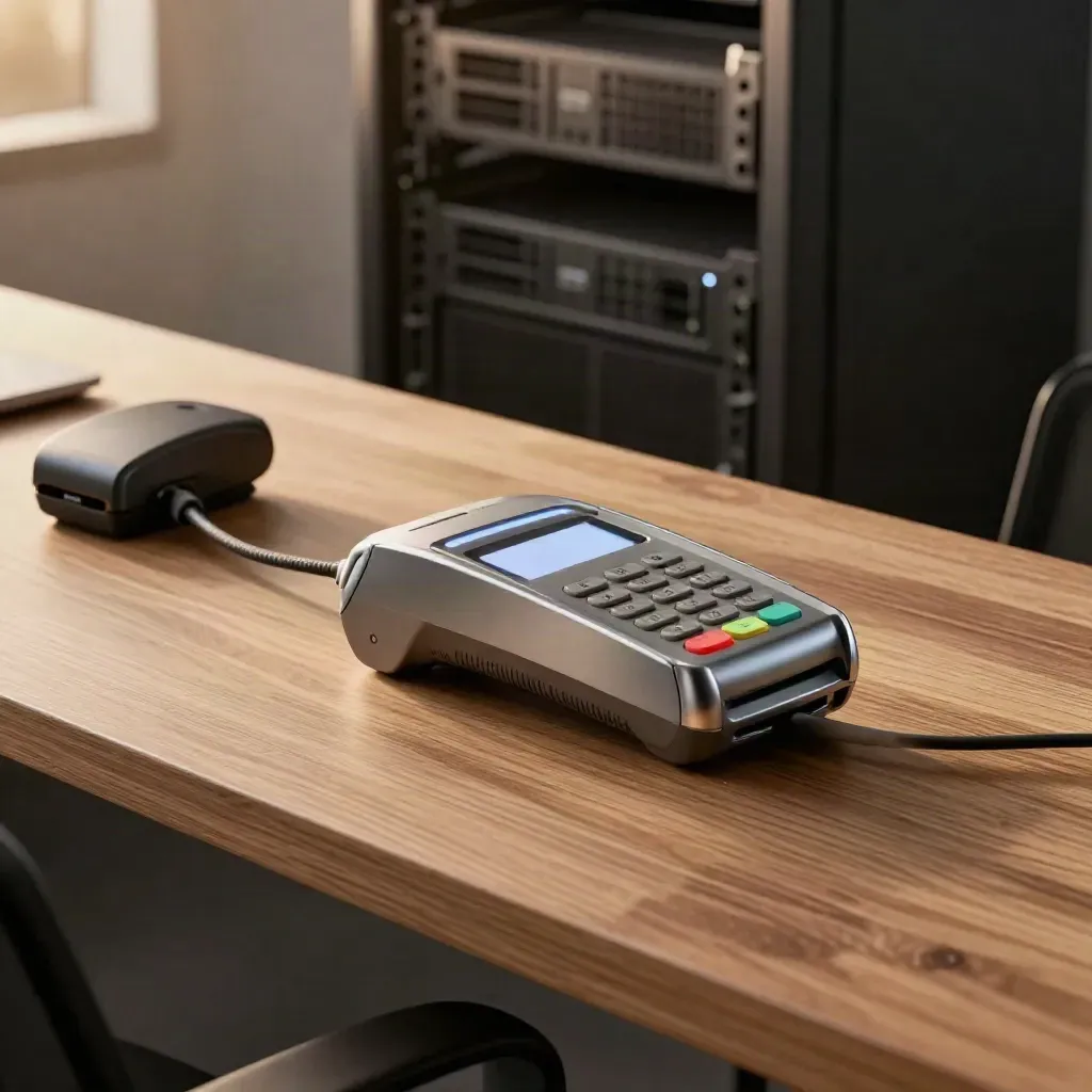 Glowing payment terminal and card reader beside a finished fintech server rack