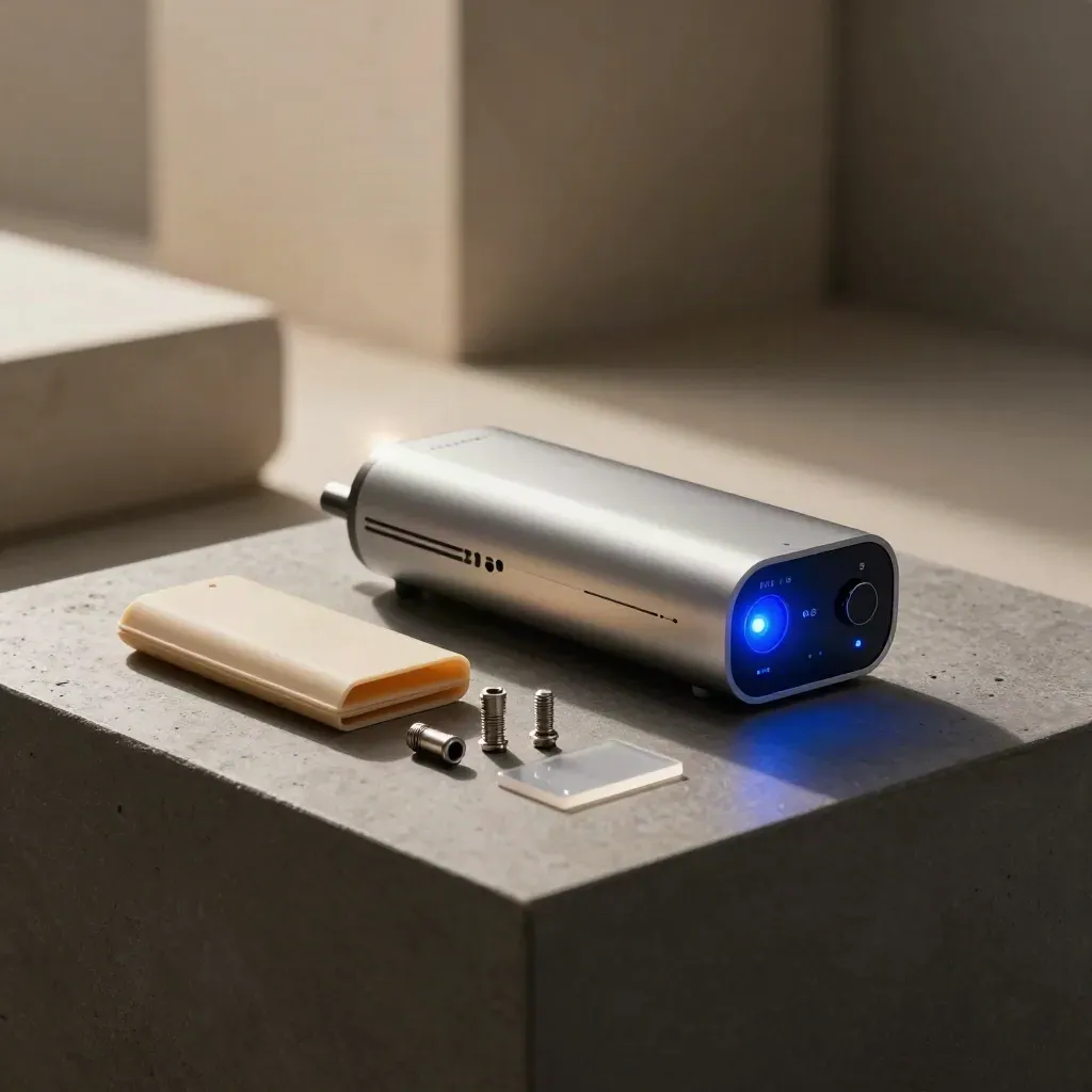 Prototype device on a pedestal with shell parts and a blue glow in a dark studio setting.
