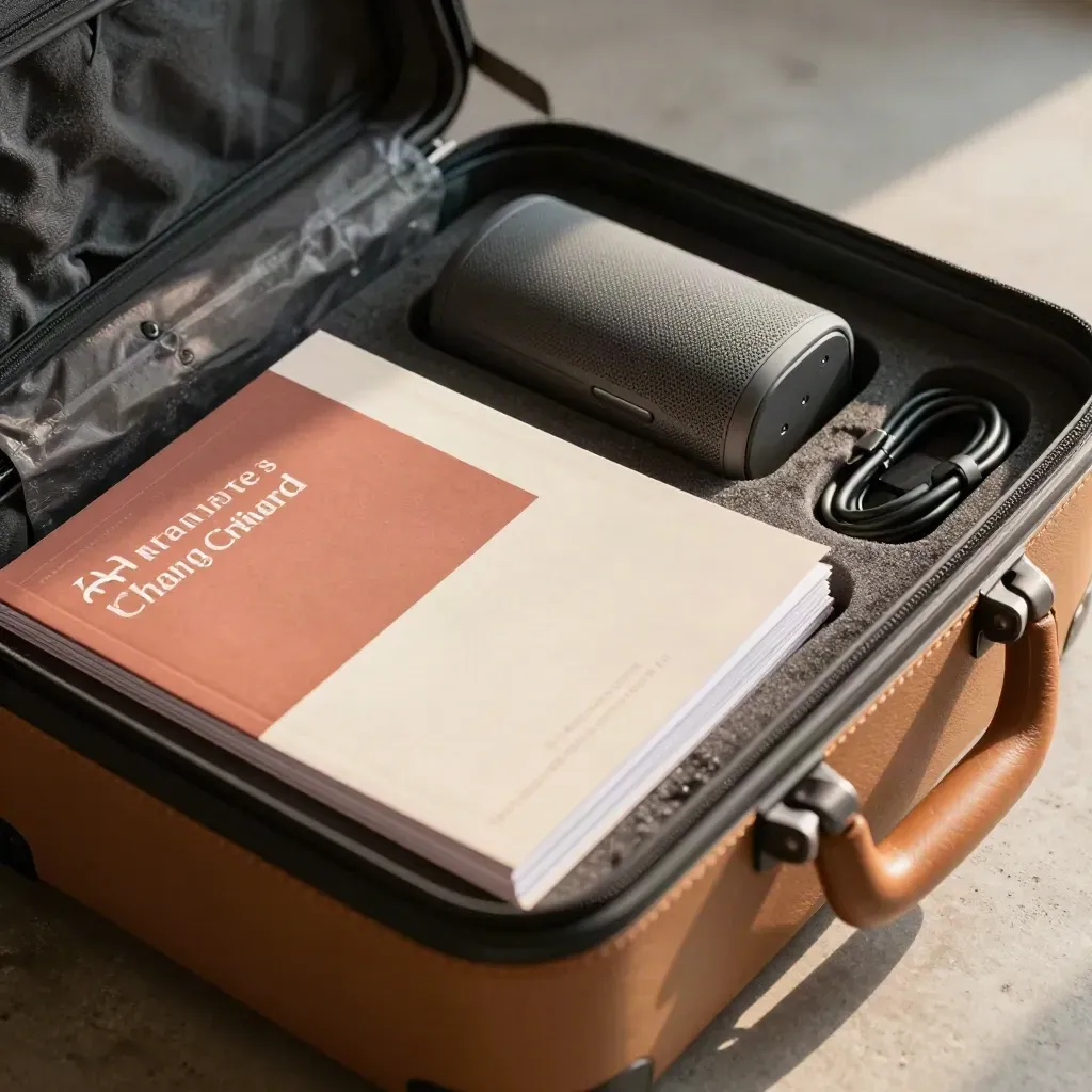 Open travel case with rollout kit: booklets, speaker, dock and coiled cables