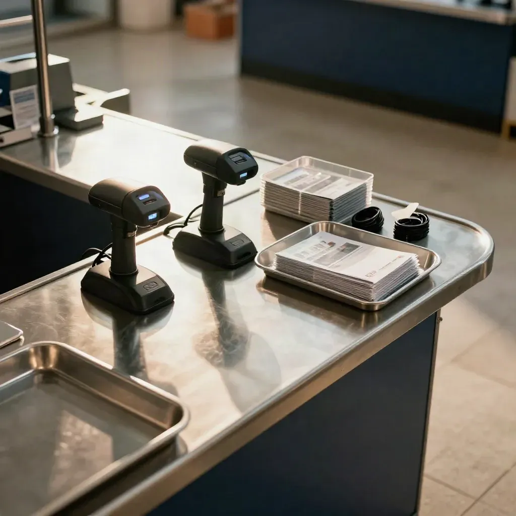 Revamped retail checkout island with scanners, charging docks and stock trays under soft store light.