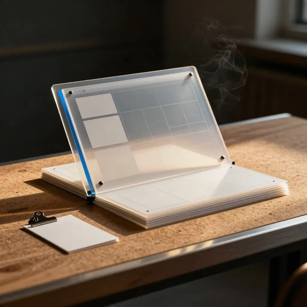 Layered acetate, wireframe cards and clips on a walnut bench in dramatic studio light.