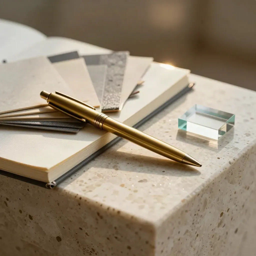 Macro still life of consultant tools on travertine: brass pen, closed notebook, swatches, acrylic block.