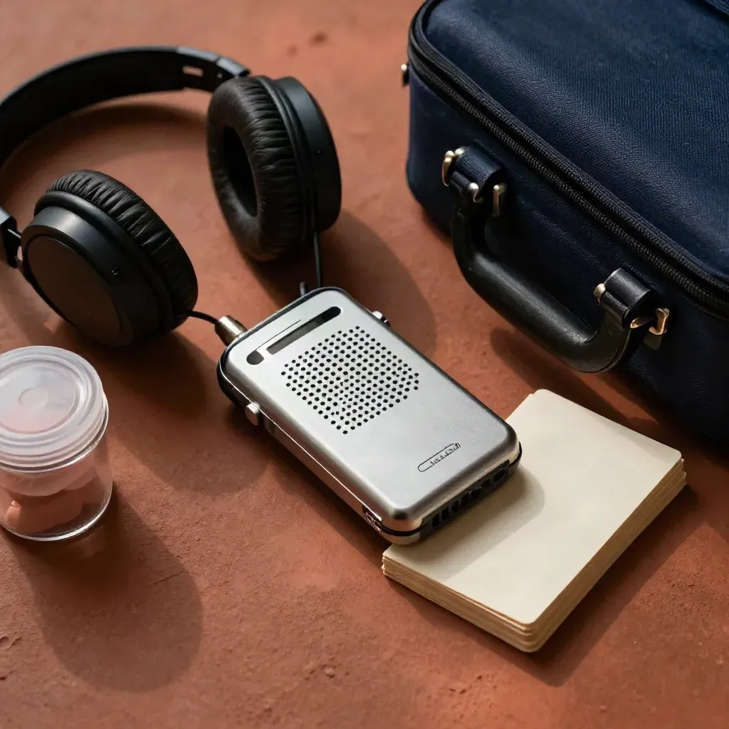 Macro of a field research kit with recorder, headphones, jars and cards on terracotta plaster.