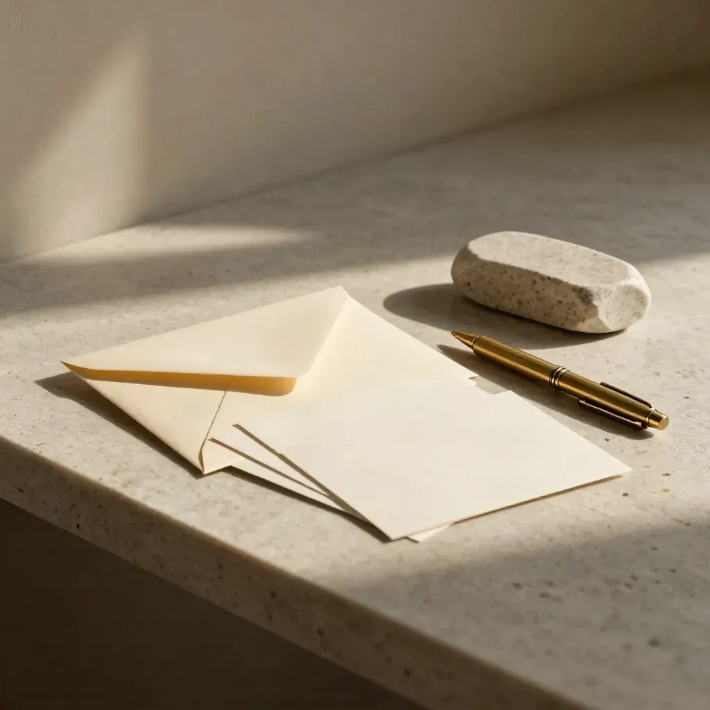 Stone shelf still-life with envelope, briefing cards, brass pen and paperweight.