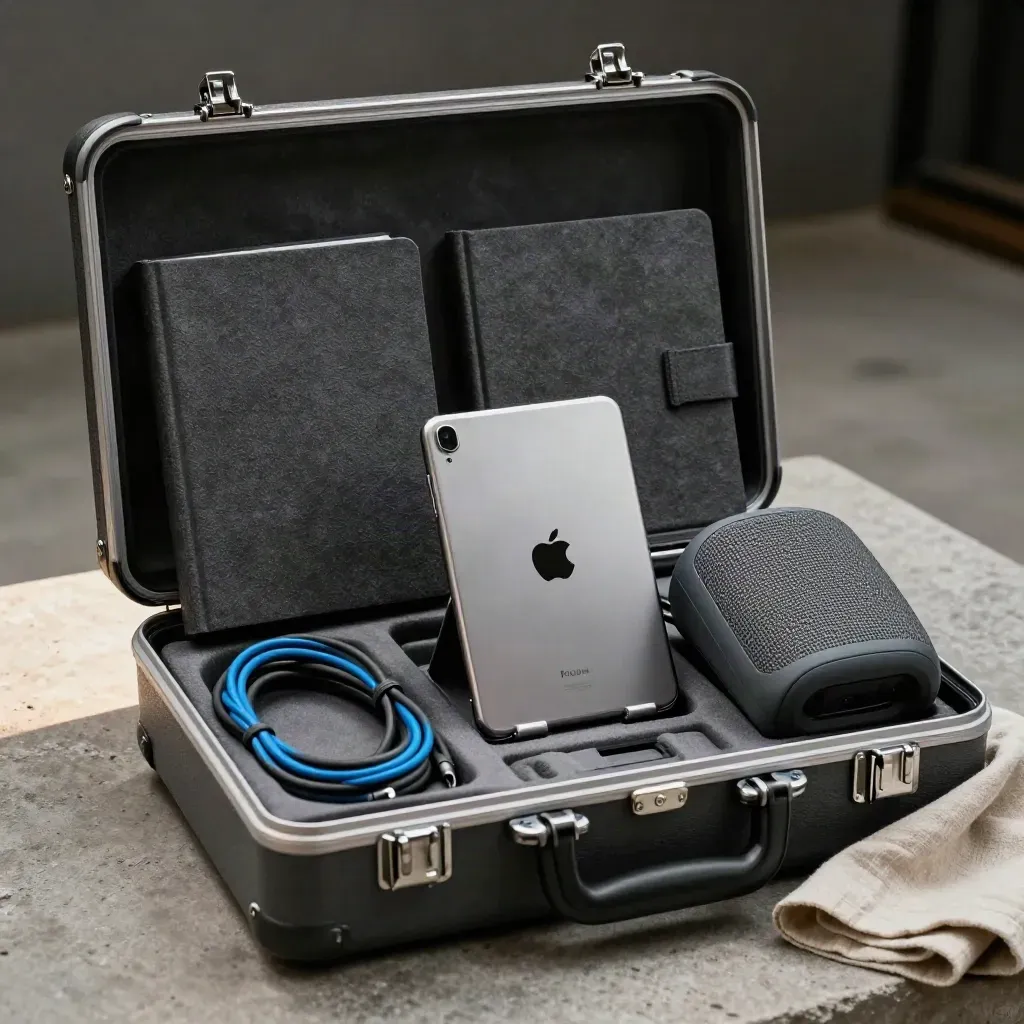 Open rollout kit with case, workbooks, tablet stand, cables and speaker on stone tray.