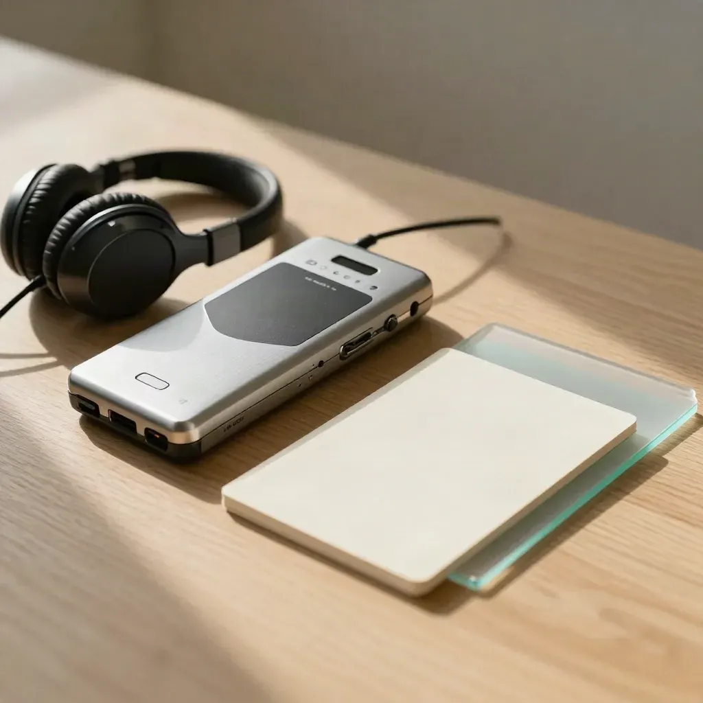 Voice recorder, folded headphones, blank cards and translucent sheets on pale wood