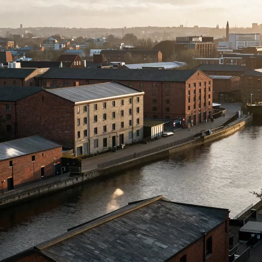 Manchester brick skyline above a calm canal at warm late-day light