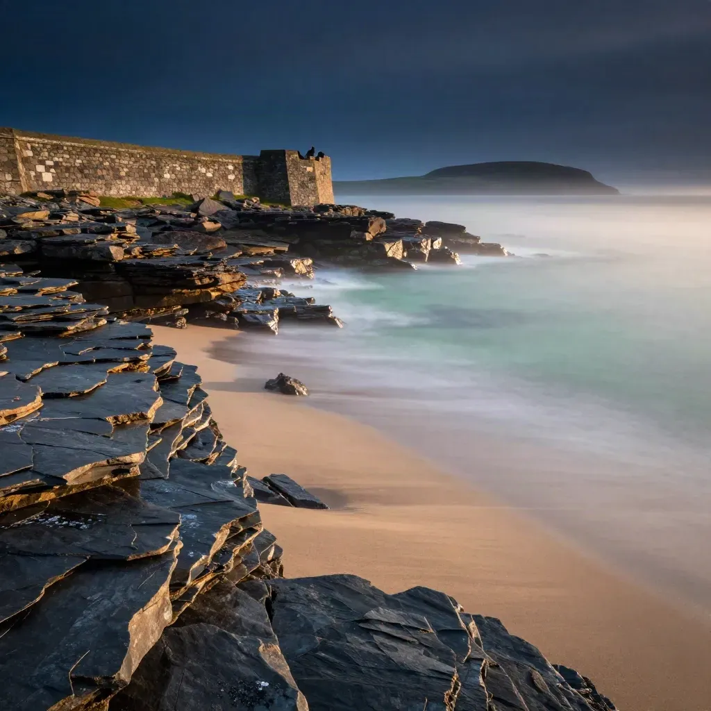 Slate coast and stone city edge in mist with golden light over a calm hazy lower field.